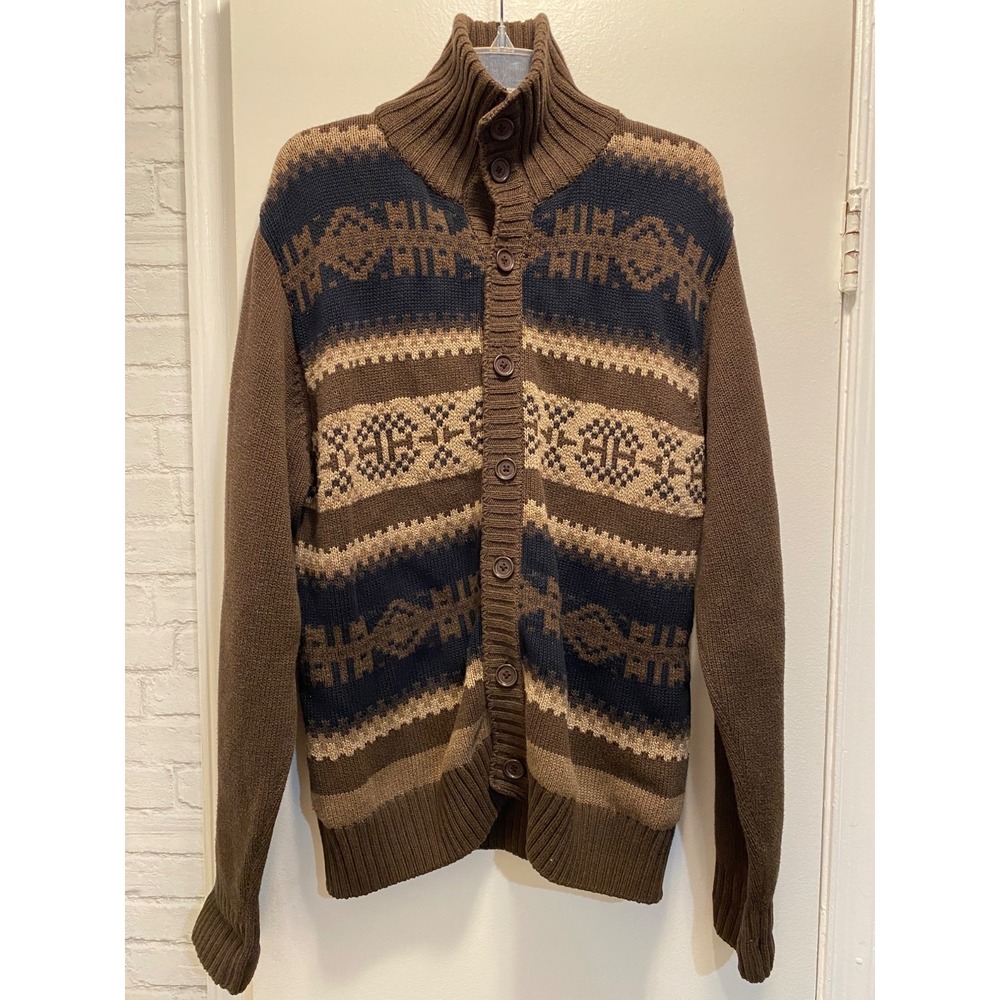 Alex Cannon Sweater Size L Cardigan Mock Neck Mens Full Buttons Brown